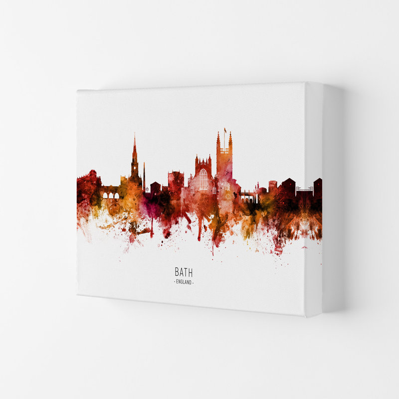 Bath England Skyline Red City Name by Michael Tompsett - Print, 21cm H x 29.7cm W x 4cm D, Wrapped Canvas
