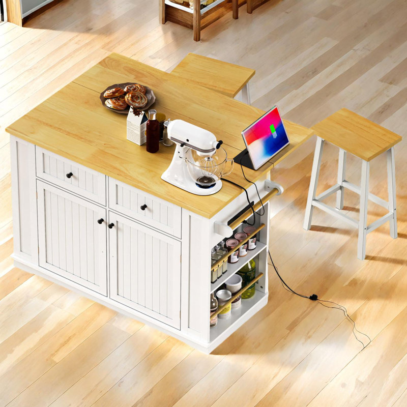 48 Inch Kitchen Island with Drop Leaf, Power Outlet, Storage Rack, 5 Wheels, Open Side Racks, White