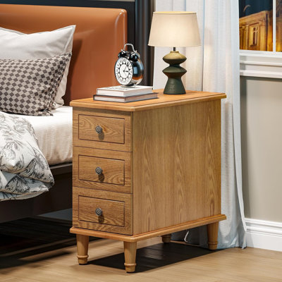 Natural Solid Wood Fully Assembled 3-Drawer Narrow Nightstand - Modern Minimalist Bedside Table With Round Knobs - For Bedroom, Apartment, Or Small Spaces