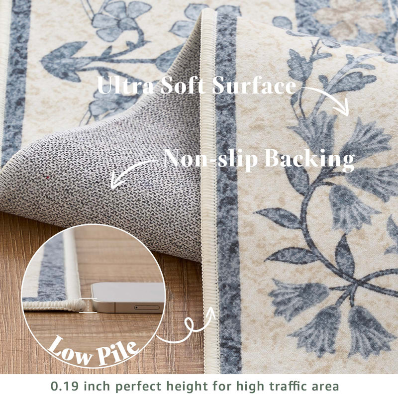Floral Machine Washable Area Rug, Rectangle 2' x 3', Blue