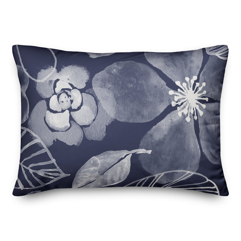 Floral Outdoor Reversible Throw Pillow, Navy, 18"H x 25"W