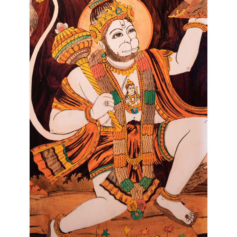 Panneau spirituel incrusté en bois 36 po Hindu Trinity & Hanuman 36 - Brahma, Vishnu, Shiva