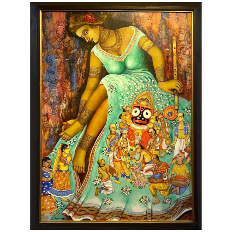 «Devotee of Lord Jagannath» avec Radha Rani | Acrylique sur toile | Par Nikunja Bihari Das | Avec cadre