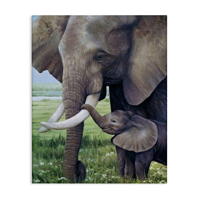 Bébé éléphant et mère, toile par James Corwin, H 30 po x l 24 po