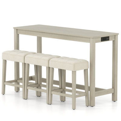  4PCS Bar Table Set w/Charging Station 3 Padded Stools for Living Room Kitchen