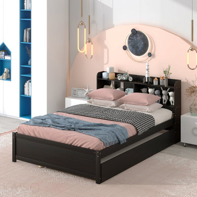 Full Bed Frame With Trundle,Bookcase,Espresso