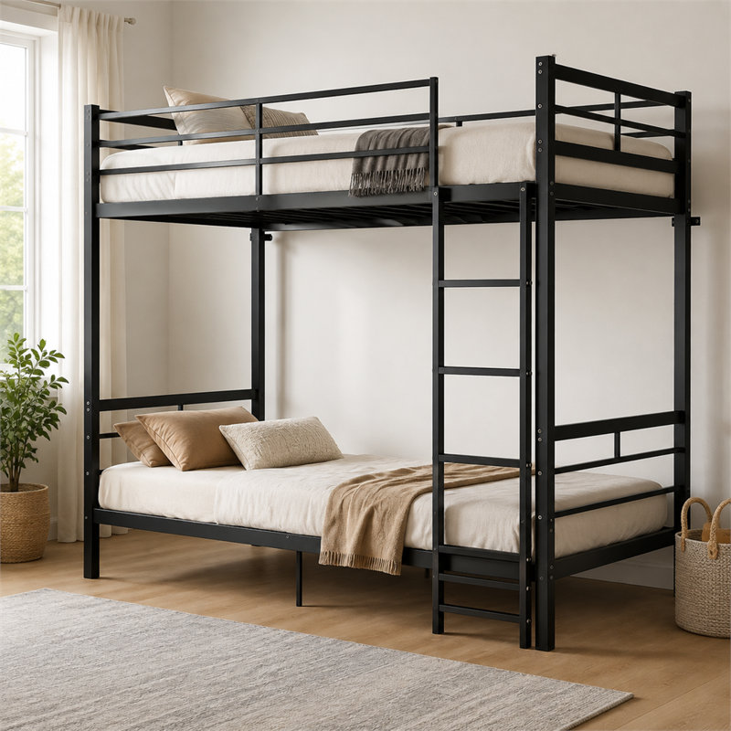 Lit superposé en métal noir de 78 po x 66,1 po x 40,9 po avec échelle et garde-corps hauts; lits simples simples; conception silencieuse avec espace de rangement sous le lit.