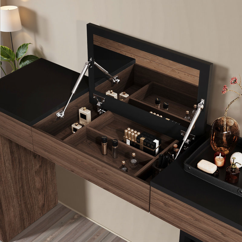 Bureau de coiffeuse en bois extensible avec miroir de maquillage et 6 tiroirs de rangement Carmavy, Brun / Noir