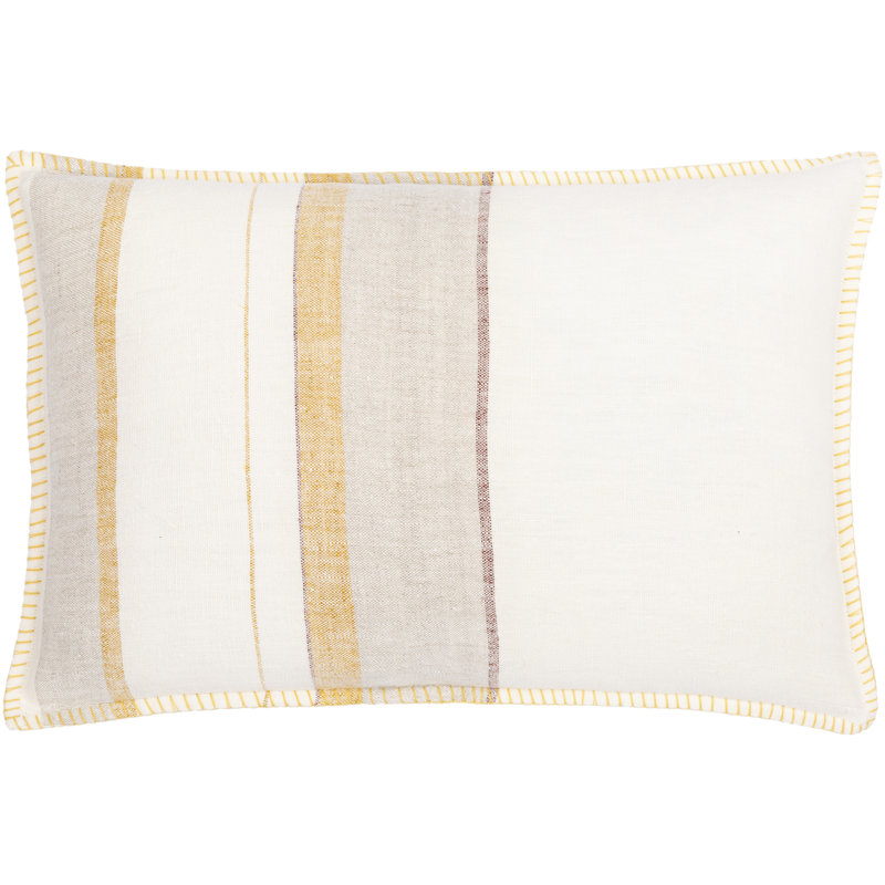 22" White and Yellow Linen Striped Embroidered Throw Pillow