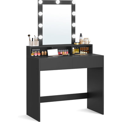 Bureau de coiffeuse avec miroir, coiffeuse de maquillage avec lumières, luminosité réglable, bureau de maquillage d'une largeur de 31,5 pouces avec 2 tiroirs, 3 compartiments de rangement, pour chambre à coucher, moderne, noir