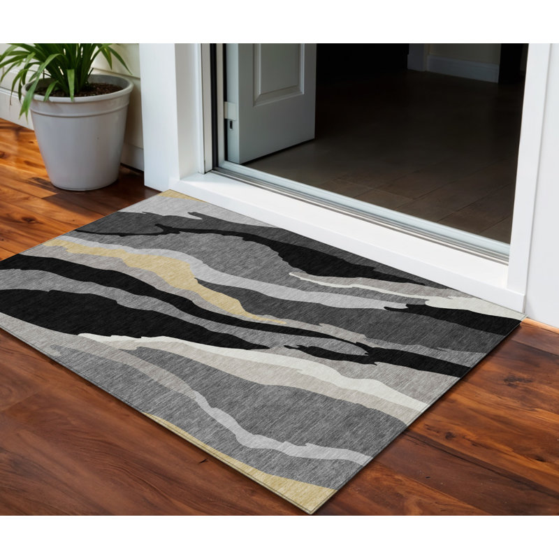 3' X 5' Black Abstract Washable Indoor Outdoor Area Rug