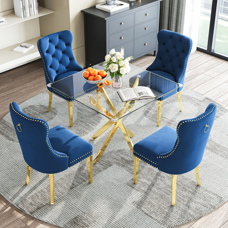 Modern Square Glass Dining Table Set For 4, 36" Tempered Glass Top With Velvet Tufted Nailhead Trim Chairs, Clear/Blue/Gold