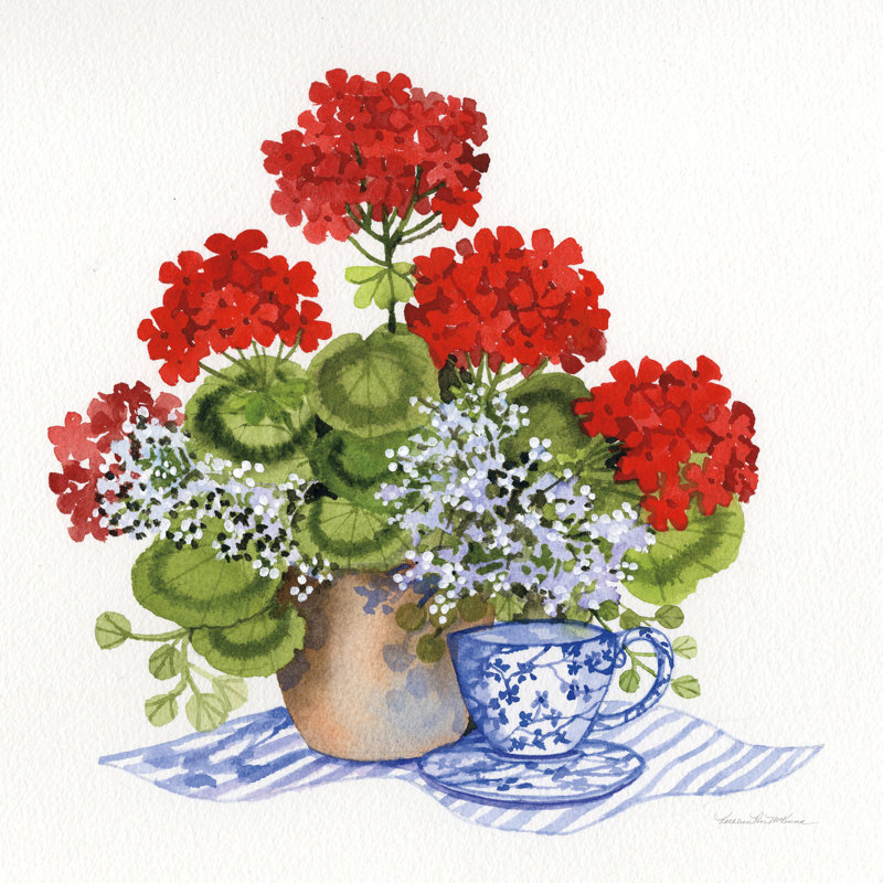 «Geranium Tea I» par Kathleen Parr McKenna, reproduction d'art sur toile tendue, H 36 po x l 36 po