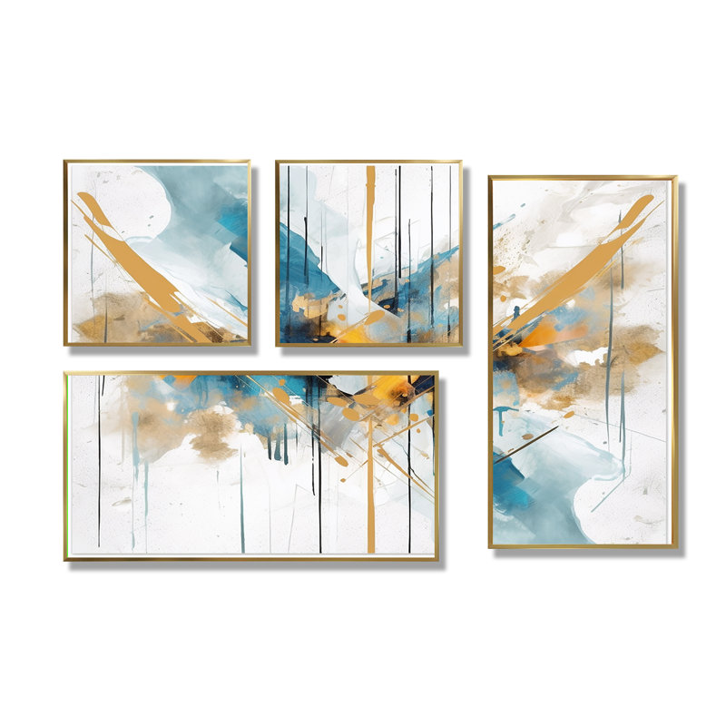 Teal and Gold Elegance - Abstrait minimalisme sur toile surdimensionné, 4 pièces, Impression encadrée sans passe-partout