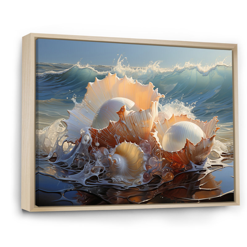 Coquillages blancs sur la plage - impression, H 34 po x l 44 po x P 1,5 po, Cadre naturel flottant