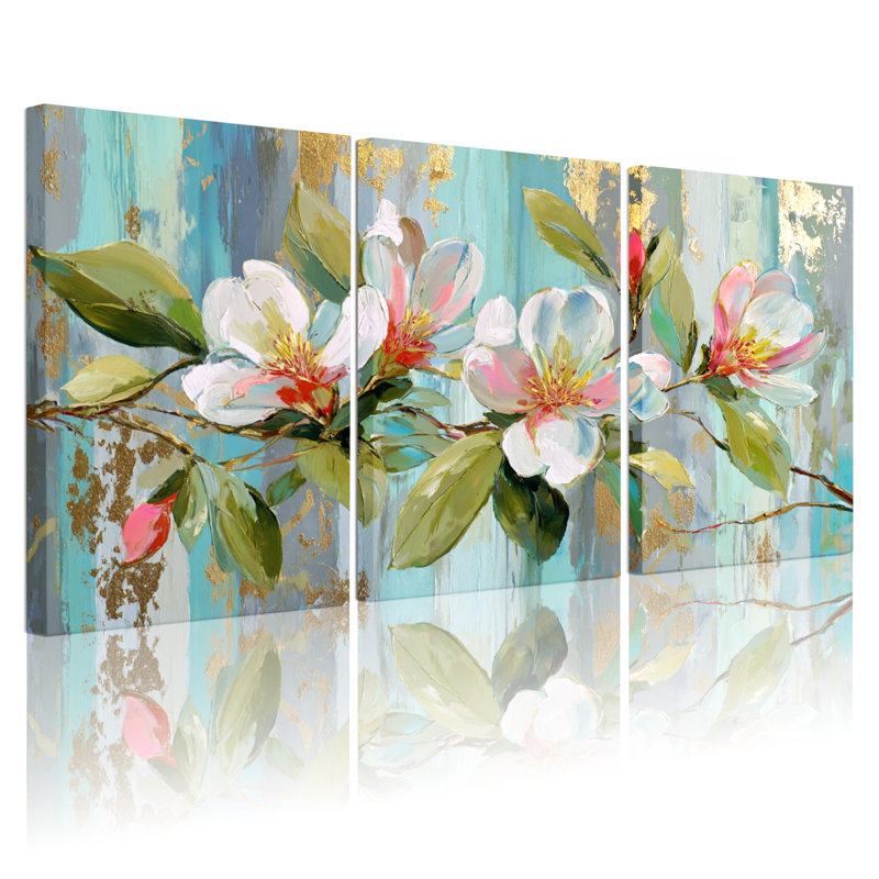 Ensemble de 3 tableaux muraux sur toile à motif floral de magnolia, H 36 po x l 72 po