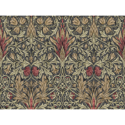Vintage Floral Damask Wallpaper in Beige and Charcoal with Pink Accents