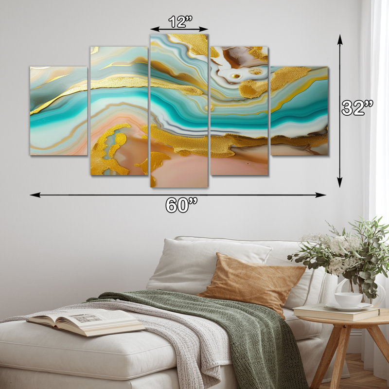 Liquide harmonie agate bleue or turquoise II - formes abstraites sur toile, 5 panneaux