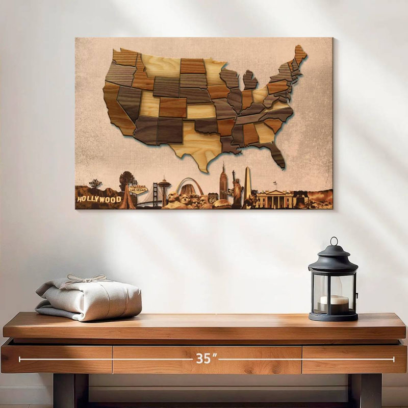 Carte des États-Unis en bois sculpté sur toile, H 16 po x l 24 po x P 1,25 po