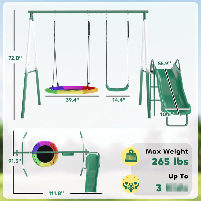 Balançoire en métal avec balançoire à soucoupe, glissade et siège, assemblage facile en une heure, hauteur réglable, piquets de sol pour une utilisation durable, couleur foncée de 35,4 po à 63 po, structure en A, imperméable
