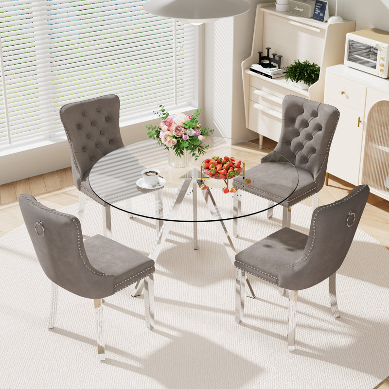 Round Dining Table Set for 4, Gray, 30" H x 47" W x 47" D