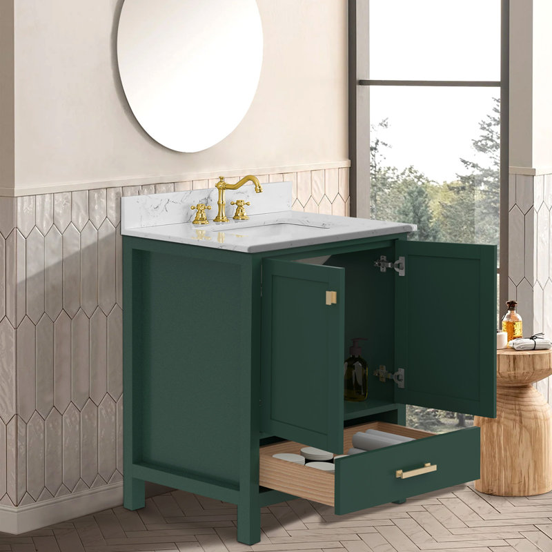 Meuble-lavabo de salle de bain, armoire de rangement en bois massif, Vert/doré, 30"