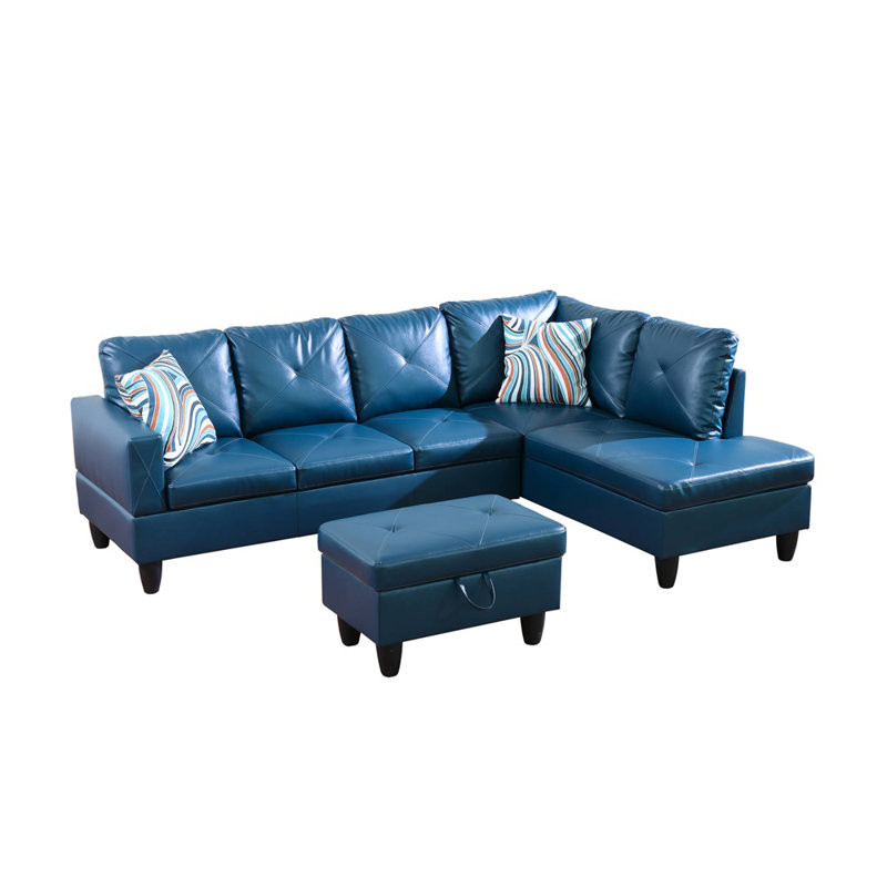 Halid Wide Sofa & Chaise with Ottoman, Right Hand Facing, Faux Leather Navy Blue