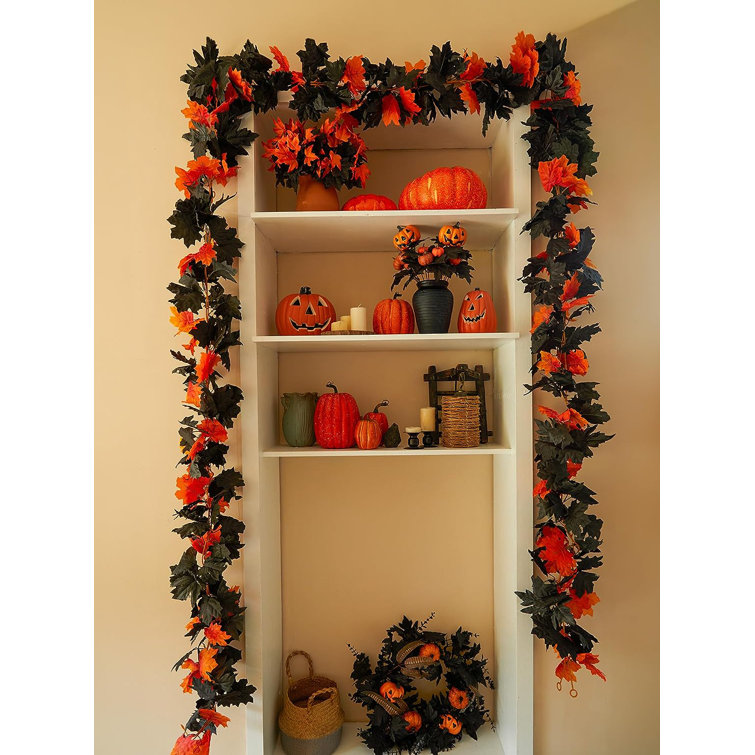 6pcs Black Garland, 5.6ft Halloween Garland Artificial Maple Leaf Autumn Garland Hanging Fall Vines Table Decorations for Thanksgiving Front Door Deco