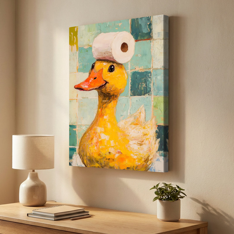 Toile tendue avec empâtement de salle de bain Whimsical Art Duck - 24 po x 36 po x 1 po