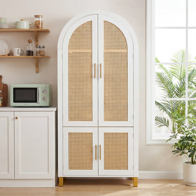 Grande armoire arquée 71 po avec portes en rotin et tablettes réglables, armoire de rangement de style campagne moderne à 4 portes avec supports intégrés pour la cuisine, la salle à manger et le bureau