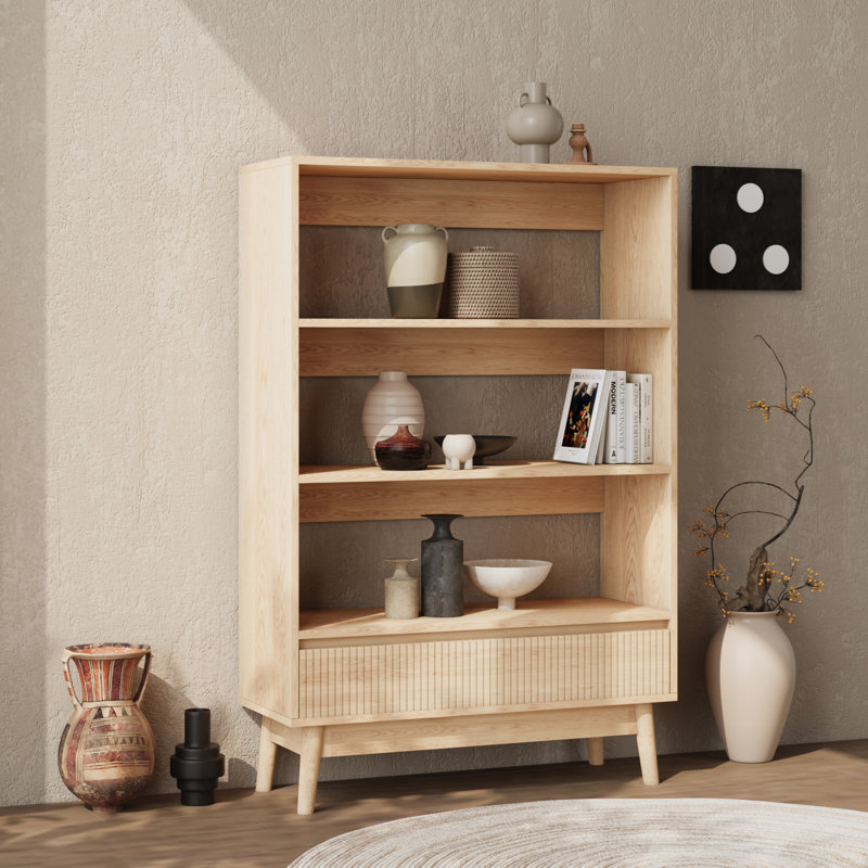 3 Tier Bookcase With Grooved Wooden Storage Drawer, 47.6" H x 31.5" W x 11.8" D
