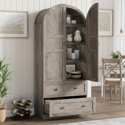 Large Freestanding Kitchen Pantry Storage Cabinet with 2 Drawers Arched Top Wooden Tall Food Cupboard for Dining Room