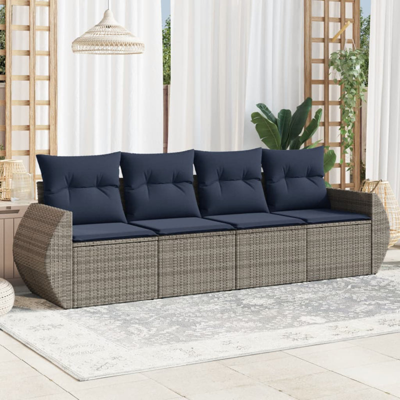 5 Piece Patio Sofa Set With Cushions Poly Rattan, Navy Blue Cushion/Gray Frame
