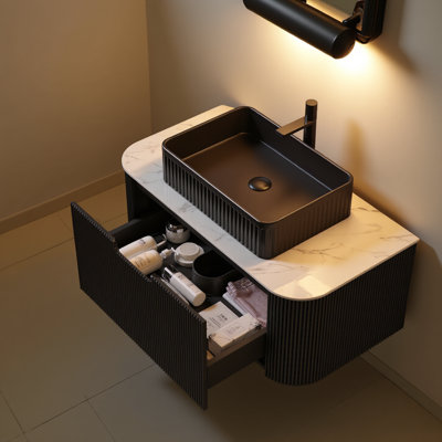 Meuble-lavabo de 36 po avec lavabo et lavabo, armoires de rangement à bordures courbées et flottantes avec tiroir, lavabo rectangulaire en céramique noire et comptoir en pierre frittée blanc de Carrare, pré-assemblé, couleur noire