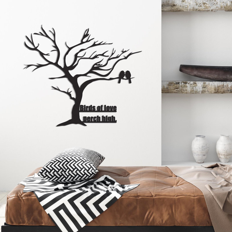 Birds of Love Metal Wall Art, Tree Silhouette with Lovebirds Sign, Romantic Bedroom Decor Above Bed, Unique Wedding Gift for Couple
