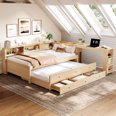 Daybed With Trundle, Wood Daybed Frame With Storage Drawers, Side Shelves And Desk