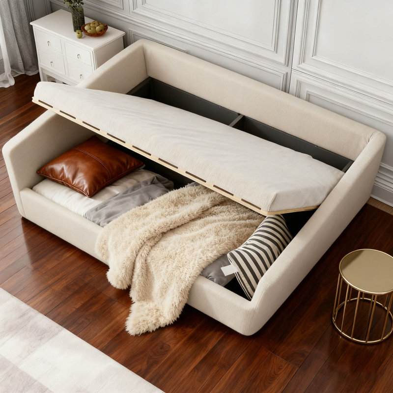 Upholstered Daybed with Underneath Storage, Beige