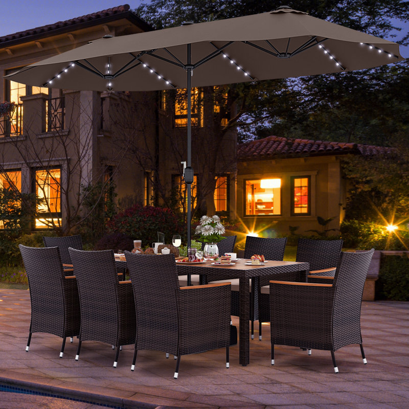 11 Pcs Patio Dining Table Chair Set With Umbrella And Base, Brown, Brown