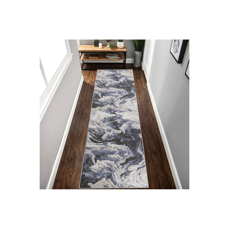 Collection 2X8 L.Abstract Runner Rug, Blue, Runner 2'2" x 8'