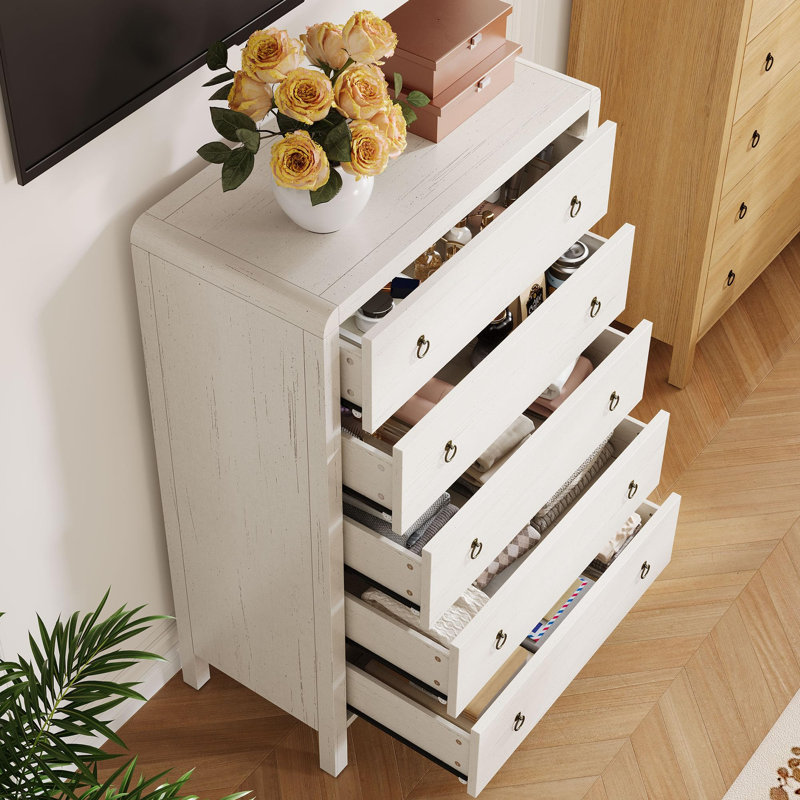 Modern 5-Drawer Bedroom Dresser, Wooden Chest of Drawers Storage Organizer with Handles for Living Room, Office, Entryway, White