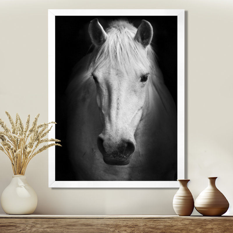 Cheval, reproduction d'art sur toile, cheval noir et blanc, H 32 po x l 24 po, Impression encadrée, Blanc