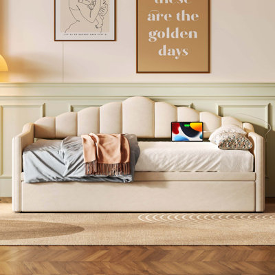 Upholstered Twin Daybed With Adjustable Pop Up Twin Trundle, USB And Type C Charging Ports, Side Pockets, No Box Spring Required, Beige