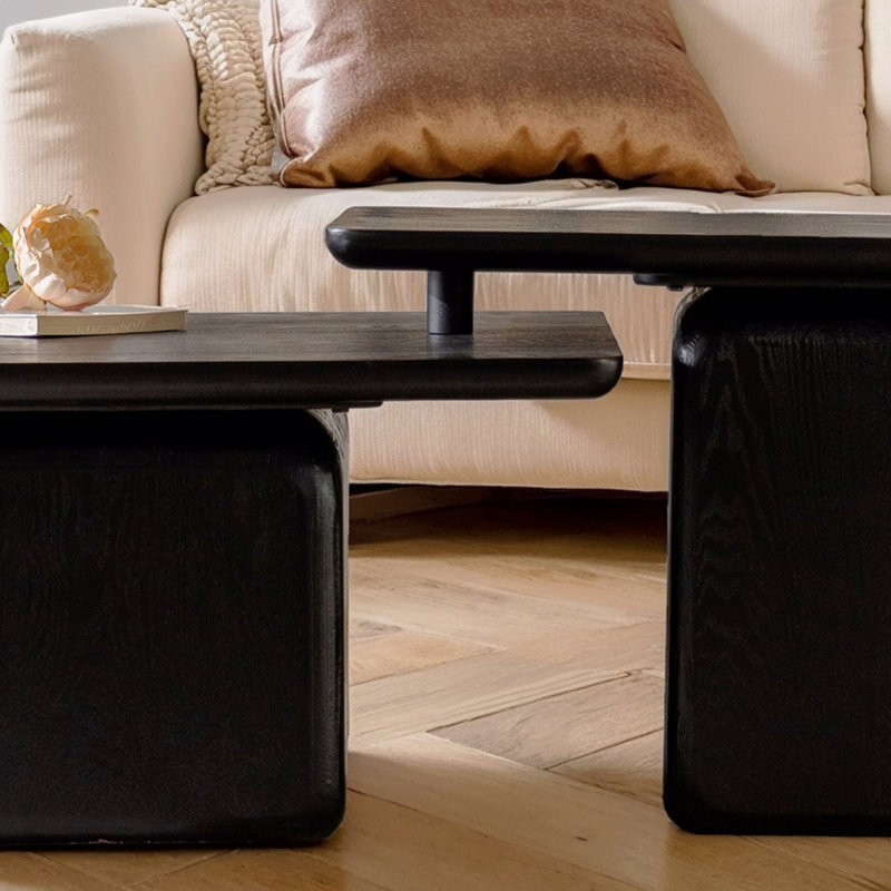 Ensemble de tables basses carrées de style rétro avec finition grain de bois, Noir