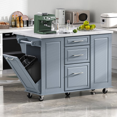 Îlot de cuisine 50,7 po avec armoire à poubelle inclinable et escamotable, L 50,7 po x l 26,4 po x H 35,4 po, panneau de fibres à densité moyenne, îlots et chariots de cuisine, gris et bleu