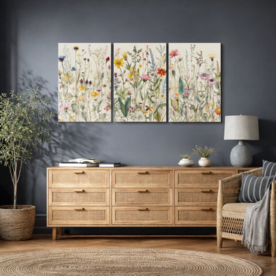 Vibrant Wildflower "Colourful Soft Floral Artwork, French Country Cottage Triptych Wall Pictures, Framed Canvas Giclée Print 3 Pieces Wall Art" 16"x24"x3 pcs, 24"x36"x3 pcs, 20"x60"x3 pcs