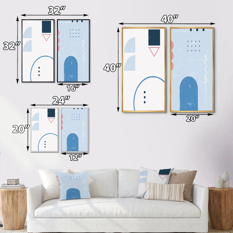 «Colorful Retro Geometrics in Blue and Pink I», ensemble de 2 impressions, H 20 po x l 24 po x P 1 po, Toile avec cadre noir