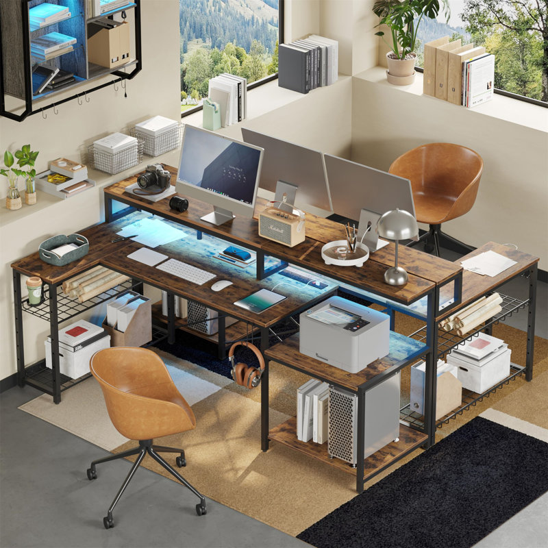 181CM L-Shaped Corner Table With Power Socket LED Light, Gaming Table With Long Monitor Stand, Large Computer Table, Brown