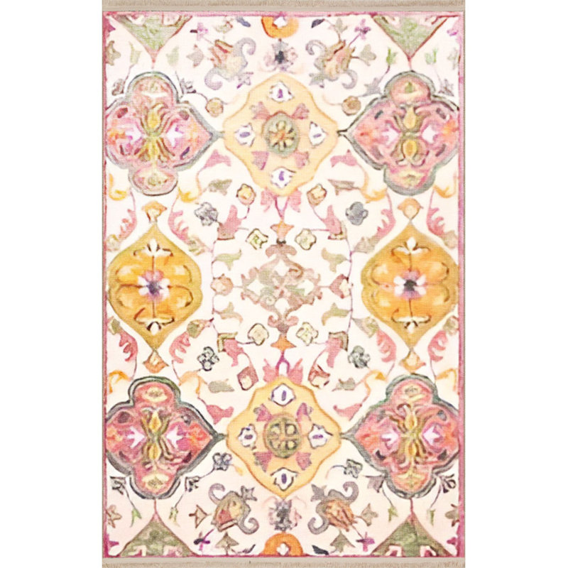Tapis rose lavable à la machine à motif traditionnel rose, Tapis de couloir 4 pi 11 po x 9 pi 10 po inclus