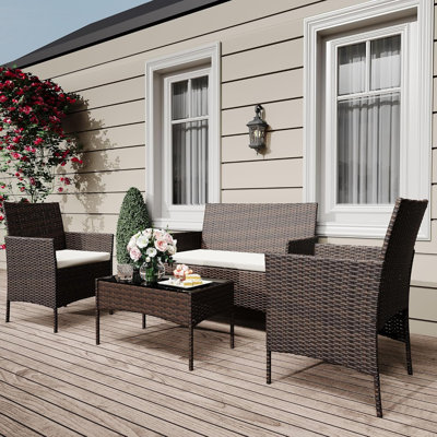 4-Piece Wicker Rattan Patio Conversation Set, 2 Chairs, 1 Loveseat and 1 Coffee Table, Outdoor Seating Set for Patio, Porch, Balcony and Bistro