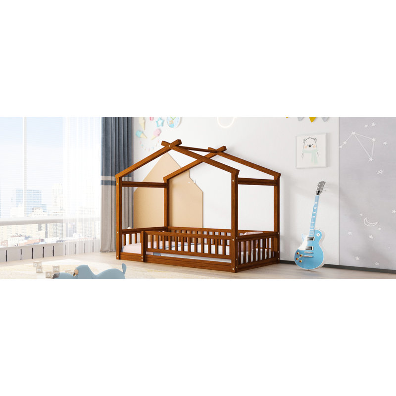 Lit simple en bois avec clôture en noyer pour cadre de maison Happiness House, offrant un espace de rêve